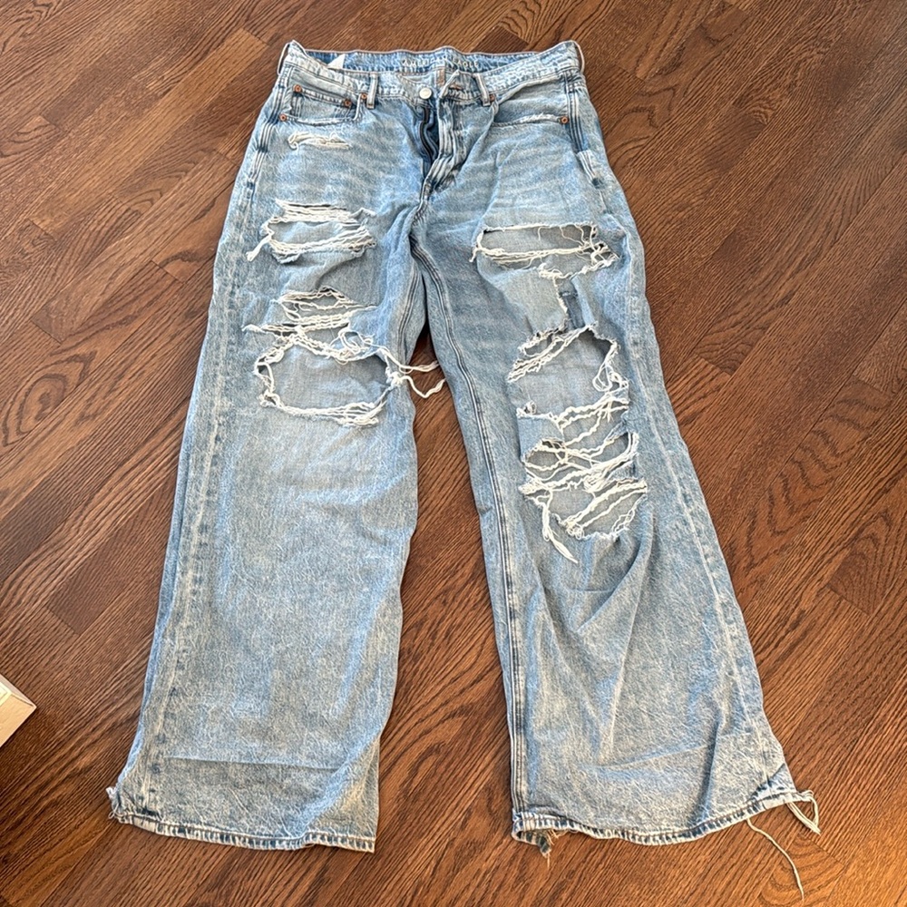 Super High Rise Baggy Jean from AE with rips